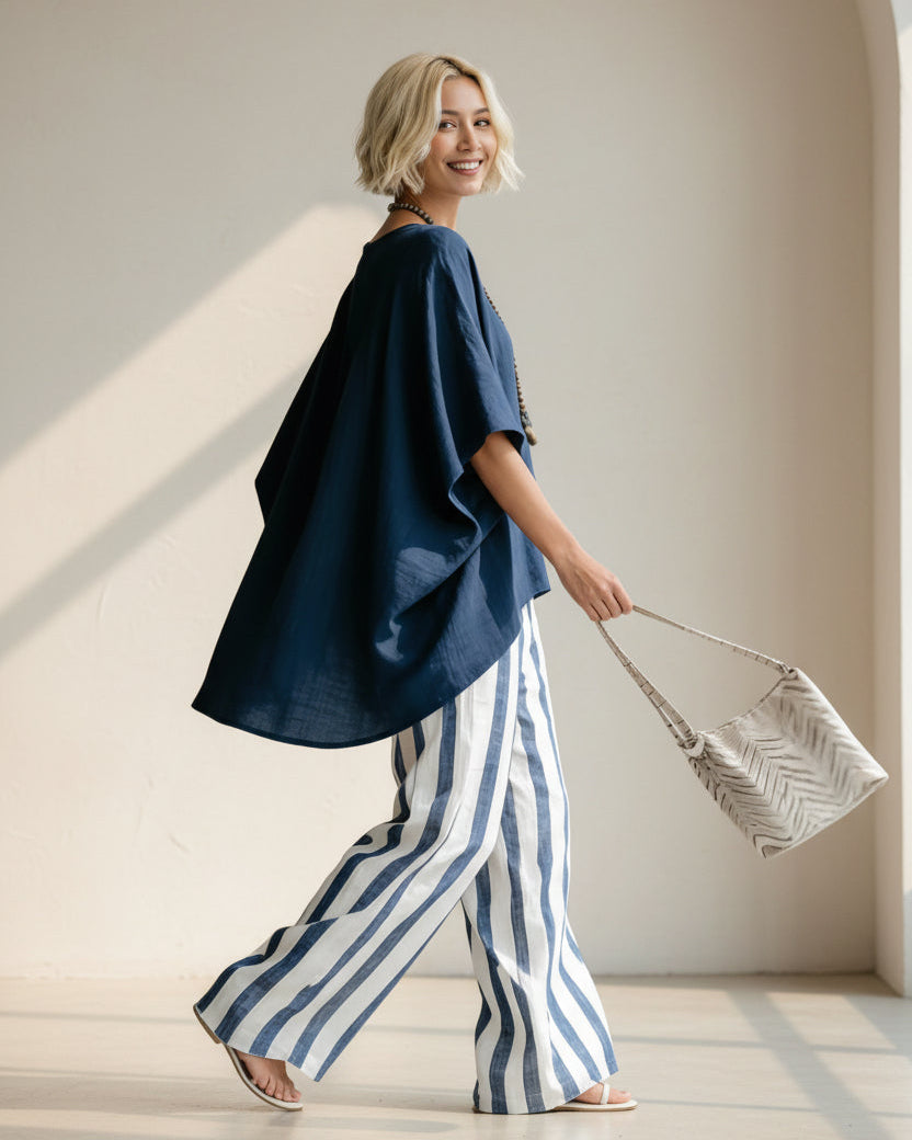 Women's Striped Batwing-Sleeve Loose Linen Two-Piece Set