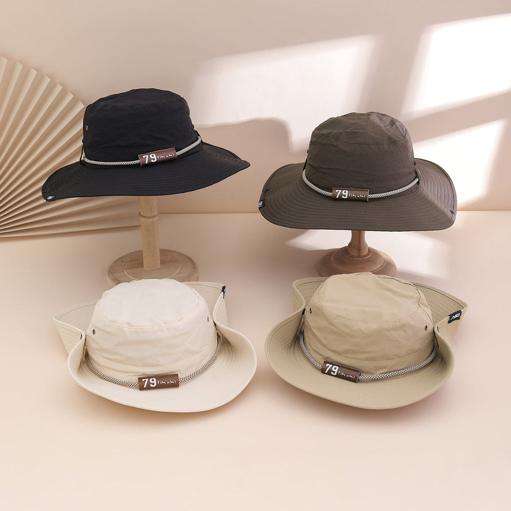 Wide-Brim Leather Patch Fisherman Hat | UV Sun Protection Outdoor Hat