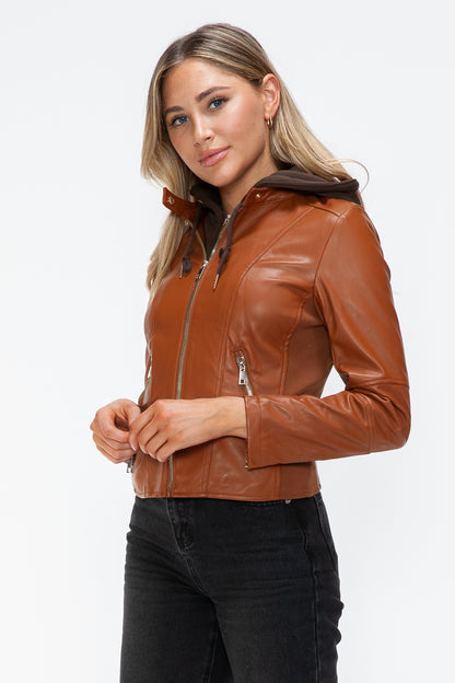 Camel Leather Zip-Up Drawstring Hooded Jacket