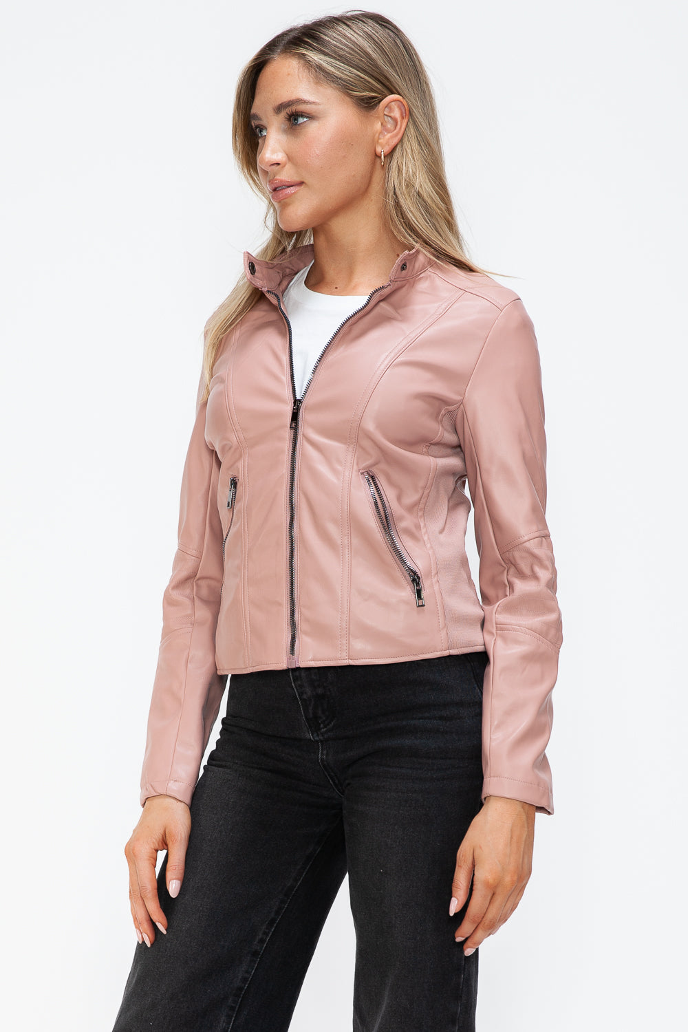Mauve Leather Zip-Up Drawstring Hooded Jacket