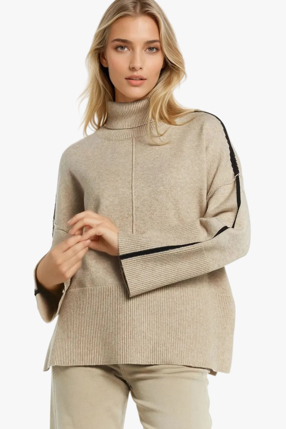 Camel Turtleneck Sweater with Black Side Stripe