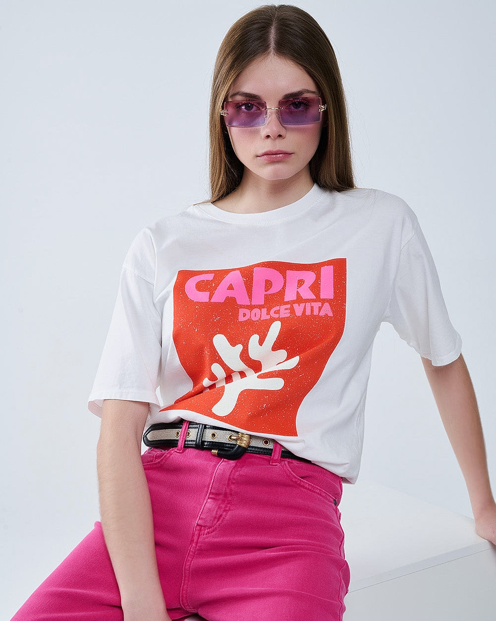 Capri La Dolce Vita White T-Shirt with Graphic Print