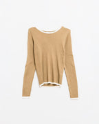 Casual Camel Rib Swearer with White Trim Detail