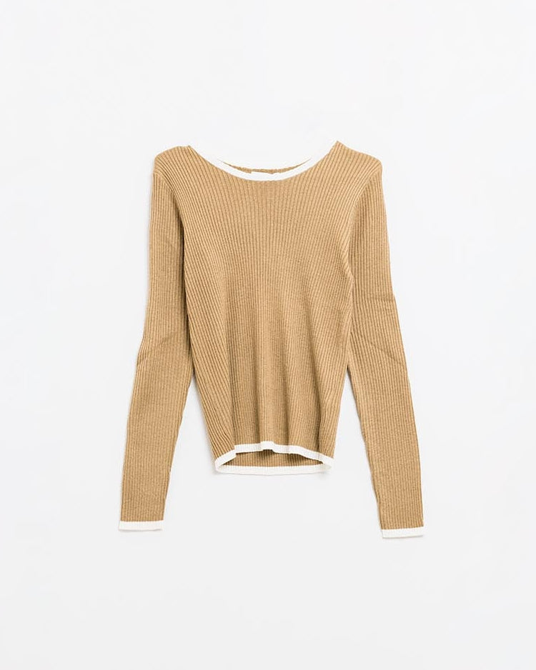 Casual Camel Rib Swearer with White Trim Detail