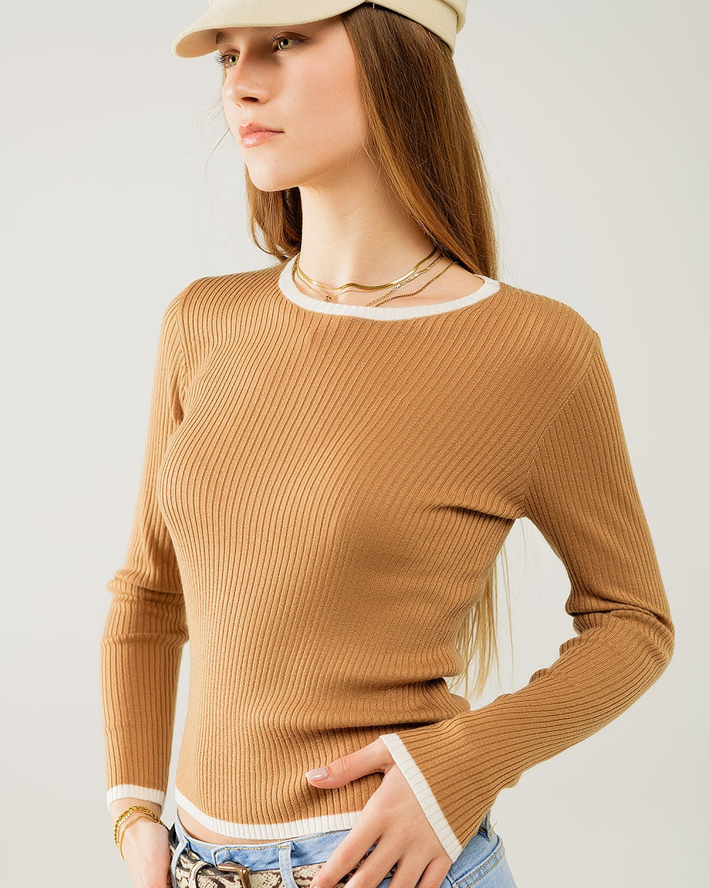 Casual Camel Rib Swearer with White Trim Detail