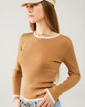 Casual Camel Rib Swearer with White Trim Detail