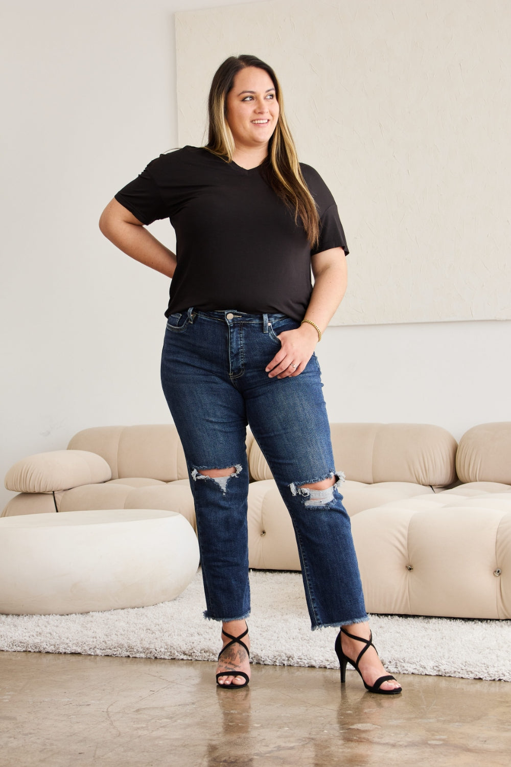 Crop Dylan Tummy Control Distressed High Waist Raw Hem Jeans