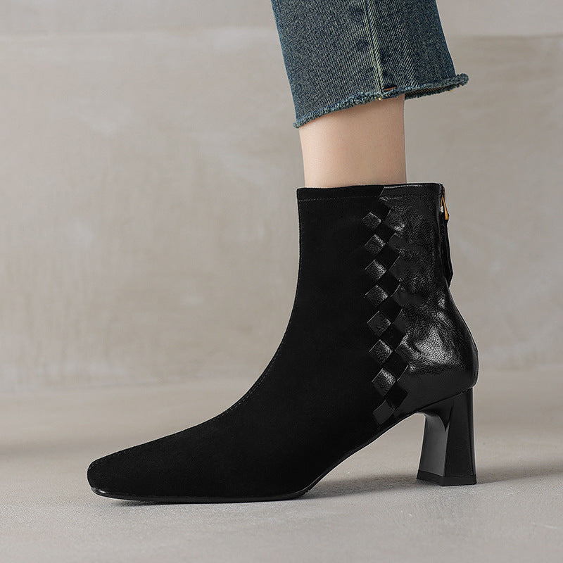 Women's Sheepskin Square Toe Chunky Heel Ankle Boots | Korean Patchwork Style