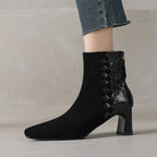 Women's Sheepskin Square Toe Chunky Heel Ankle Boots | Korean Patchwork Style