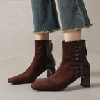 Women's Sheepskin Square Toe Chunky Heel Ankle Boots | Korean Patchwork Style