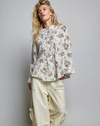 Floral Lace Trim Pintuck Button-Down Shirt