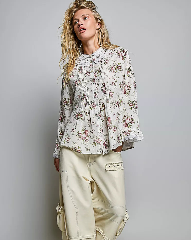 Floral Lace Trim Pintuck Button-Down Shirt