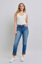 Straight Leg Jeans with Plaid Print Cuff