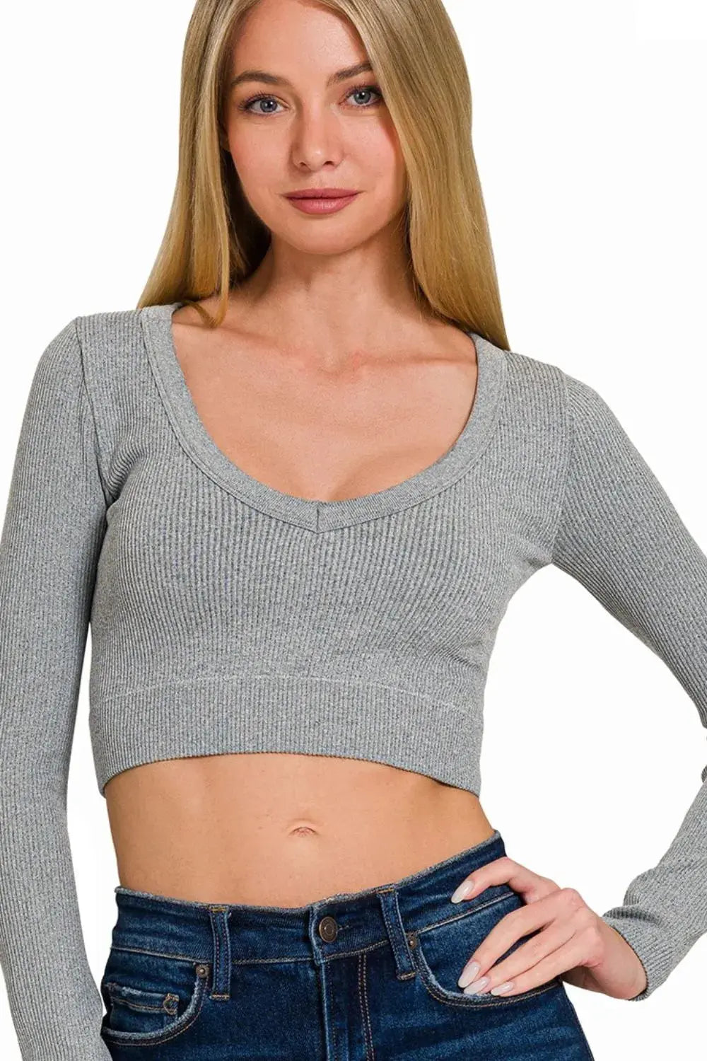 Ribbed Crop Top with V-Neck and Long Sleeve