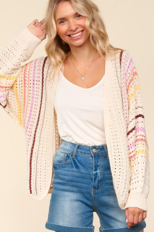 Striped Crochet Open Front Cardigan