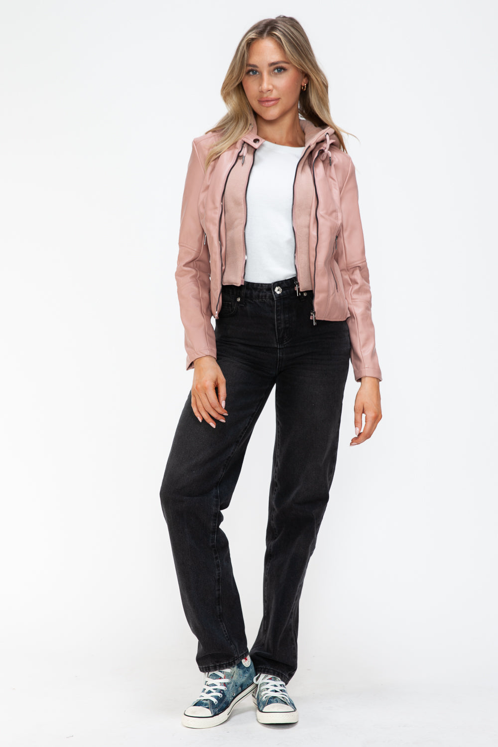 Mauve Leather Zip-Up Drawstring Hooded Jacket