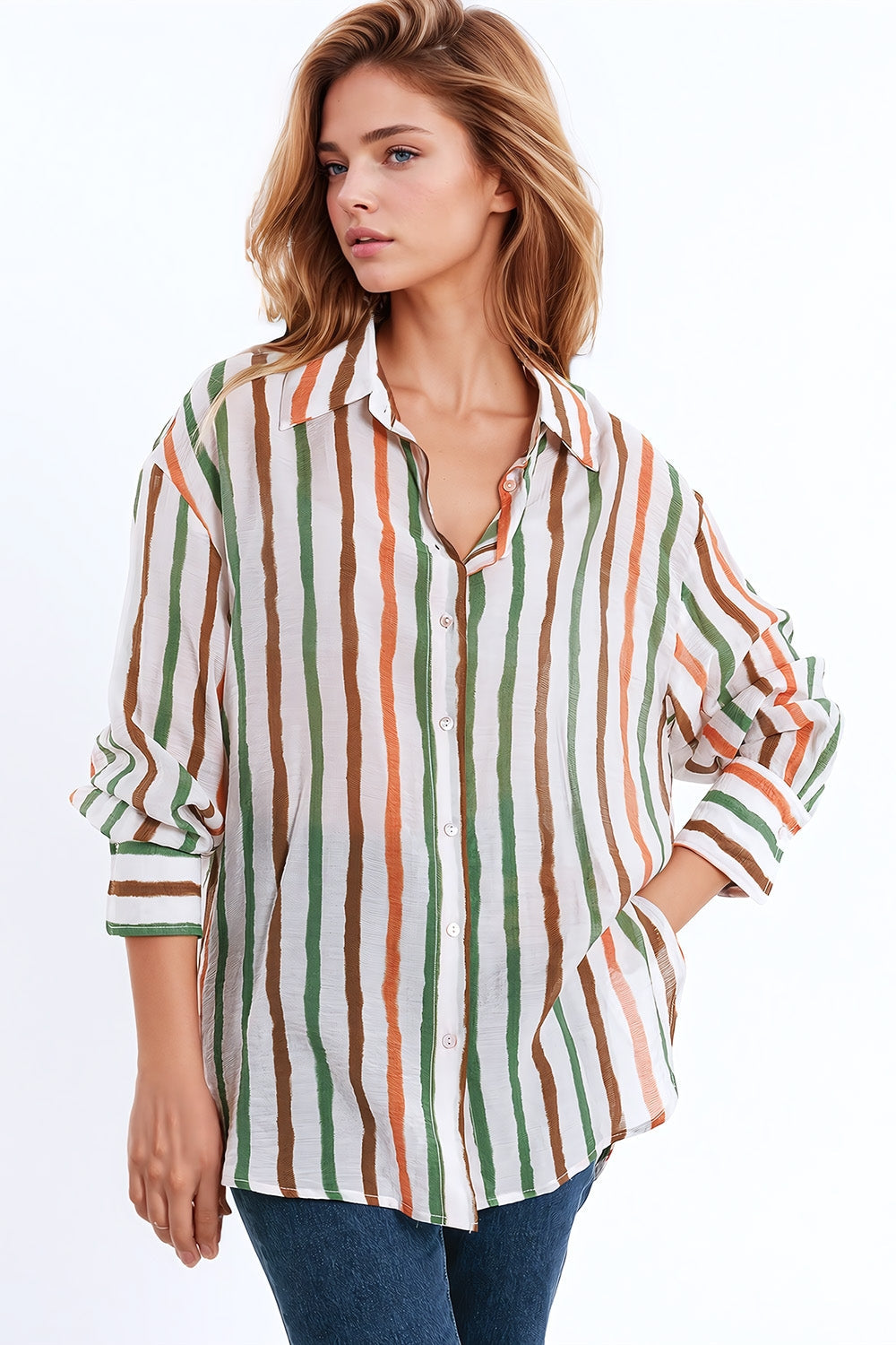 Chiffon Long Sleeve Shirt with Multicolor Stripes Green and Brown