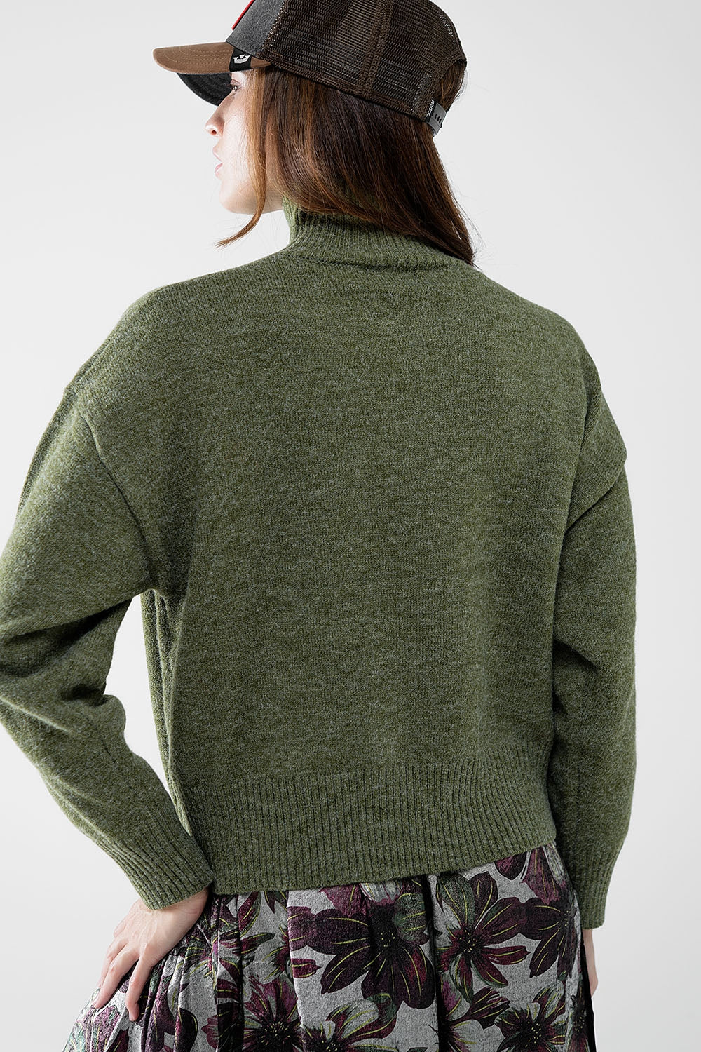 Chunky Knit Sweater in Green with Turtleneck