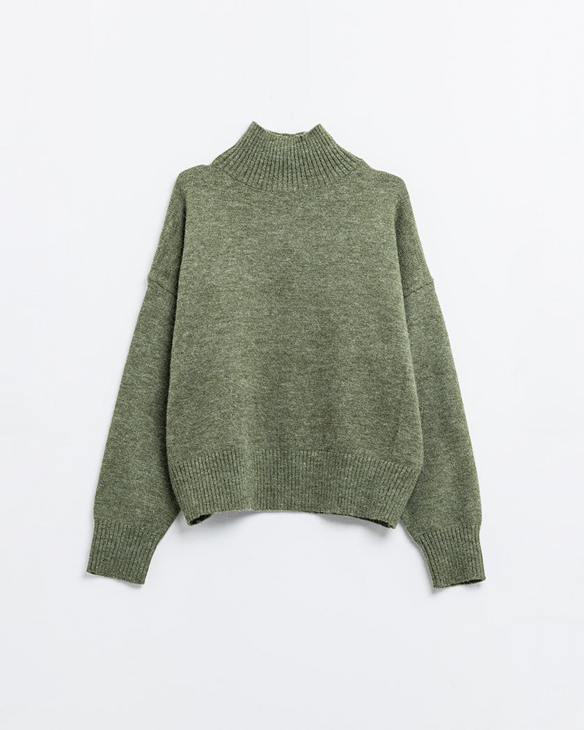 Chunky Knit Sweater in Green with Turtleneck