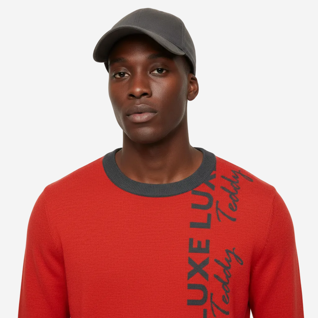 Contrast Hem Luxe Teddy Jacquard Knitted Sweater | Red & Dark Grey