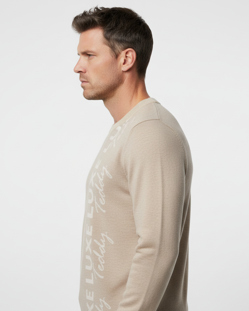 Contrast Hem Luxe Teddy Jacquard Knitted Sweater | Taupe & Sand