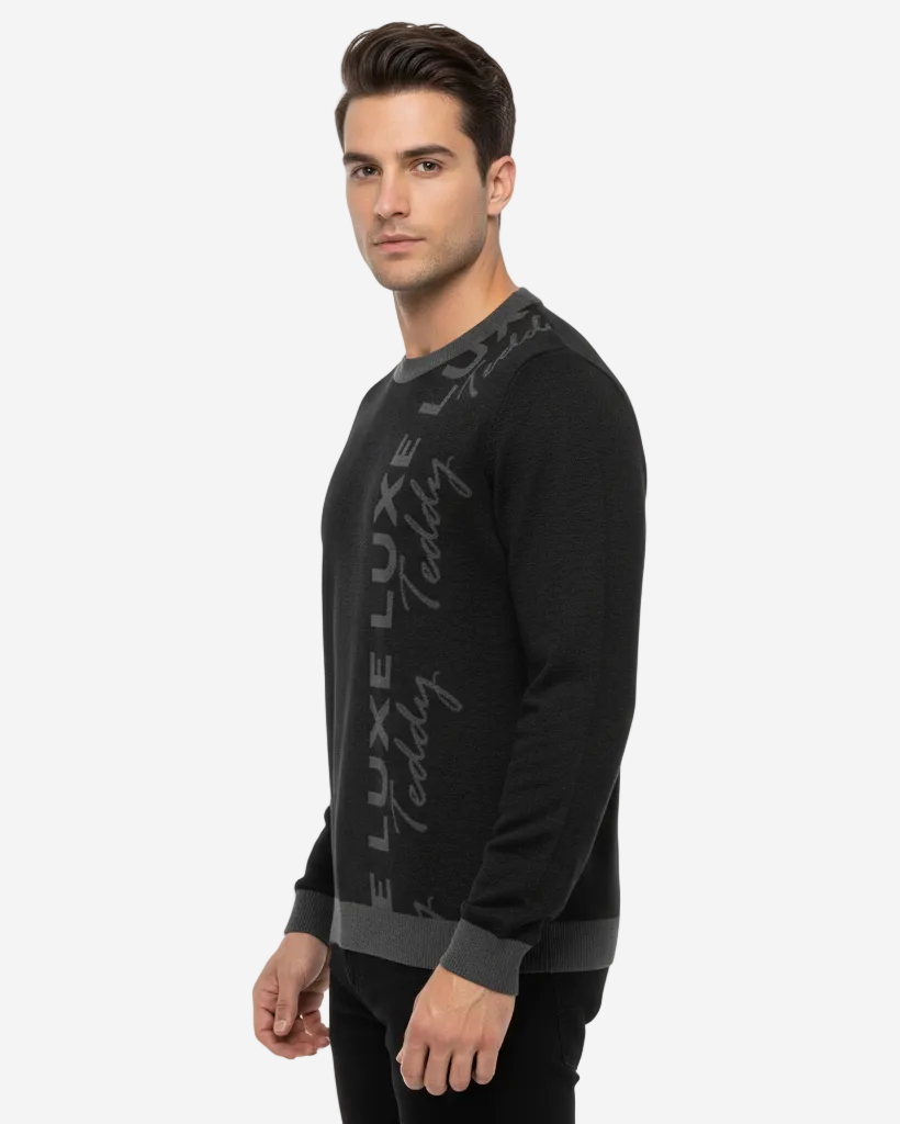 Contrast Hem Luxe Teddy Jacquard Knitted Sweater | Black & Dark Grey