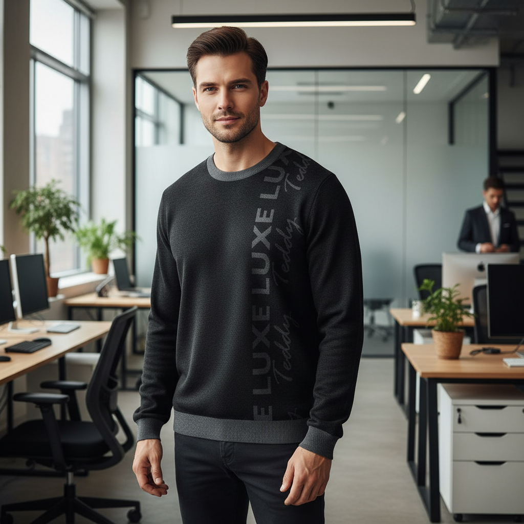 Contrast Hem Luxe Teddy Jacquard Knitted Sweater | Black & Dark Grey