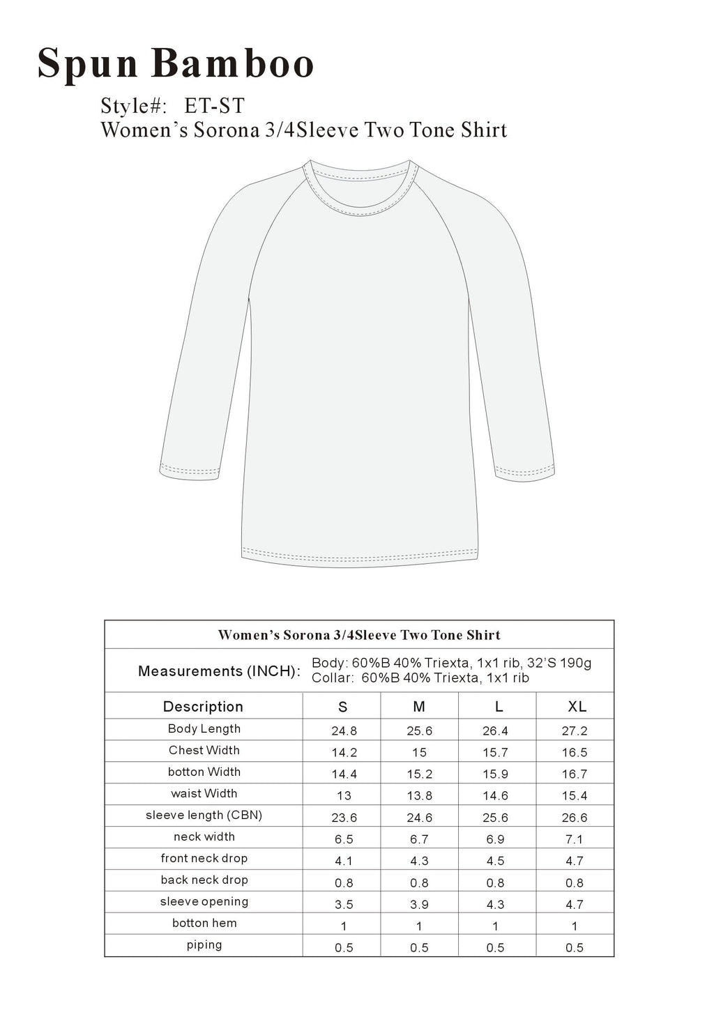Women's Bamboo Viscose/Sorona 3/4 Sleeve T-Shirt