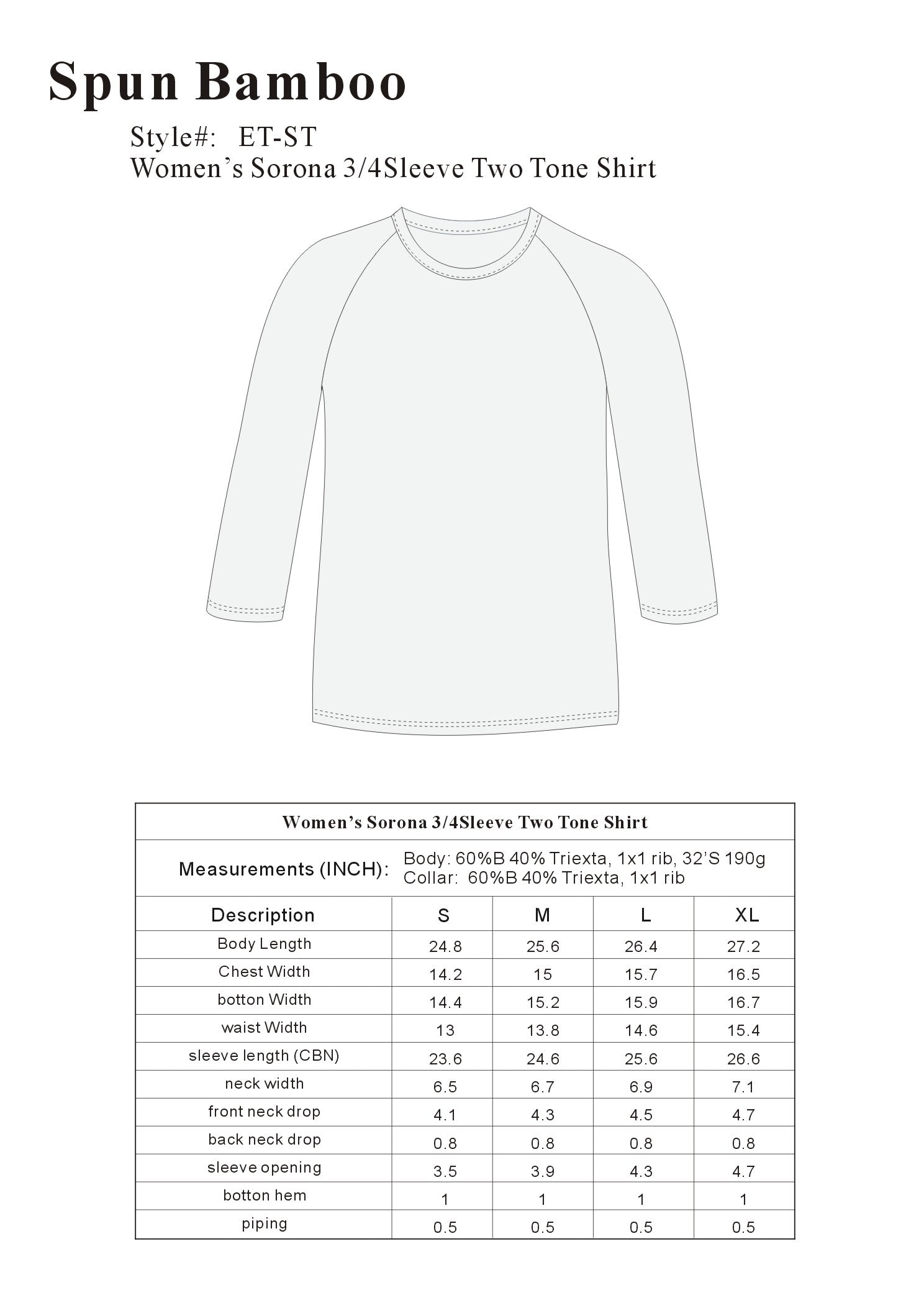 Women's Bamboo Viscose/Sorona 3/4 Sleeve T-Shirt