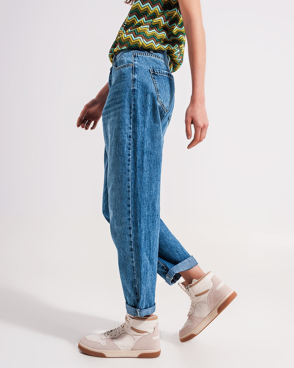 Cotton High Waist Mom Jeans in Medium Blue