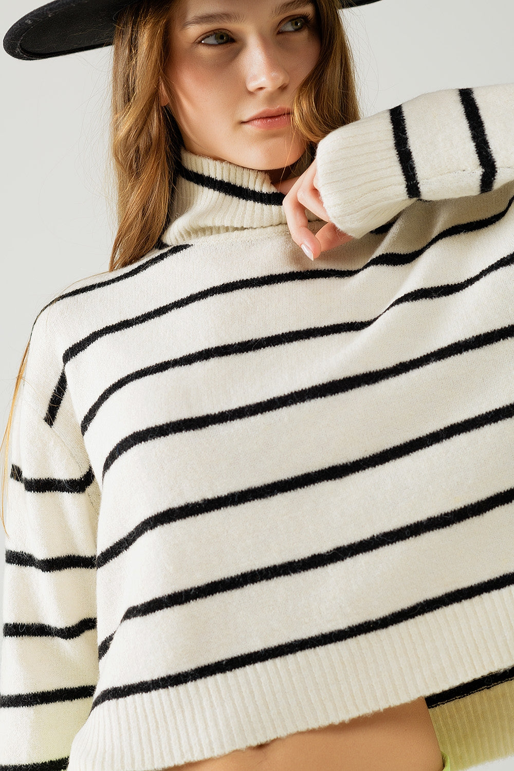 Cream Striped Sweater in Black with High Neck