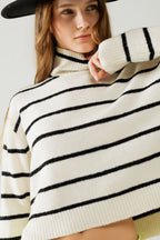 Cream Striped Sweater in Black with High Neck