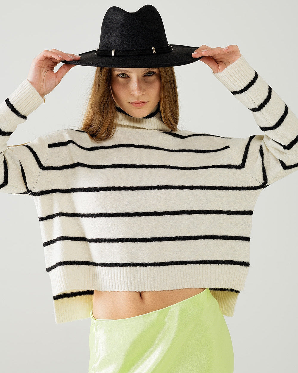 Cream Striped Sweater in Black with High Neck
