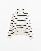 Cream Striped Sweater in Black with High Neck