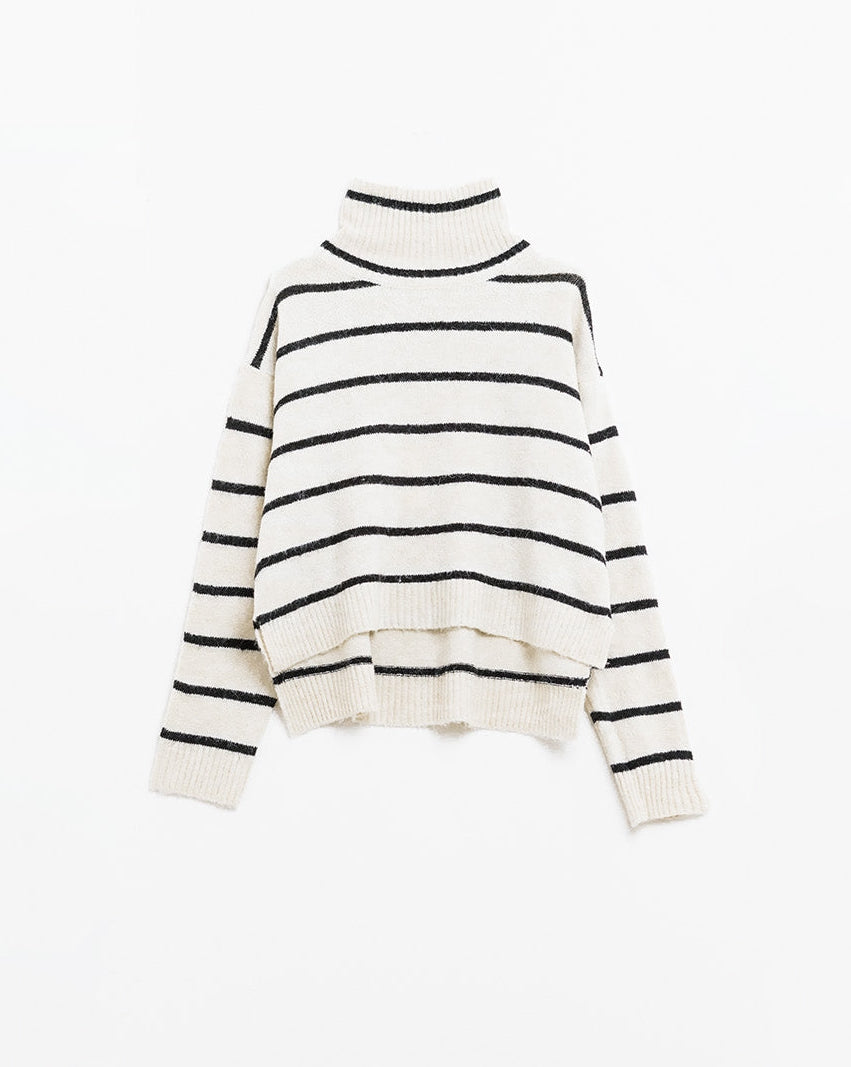 Cream Striped Sweater in Black with High Neck