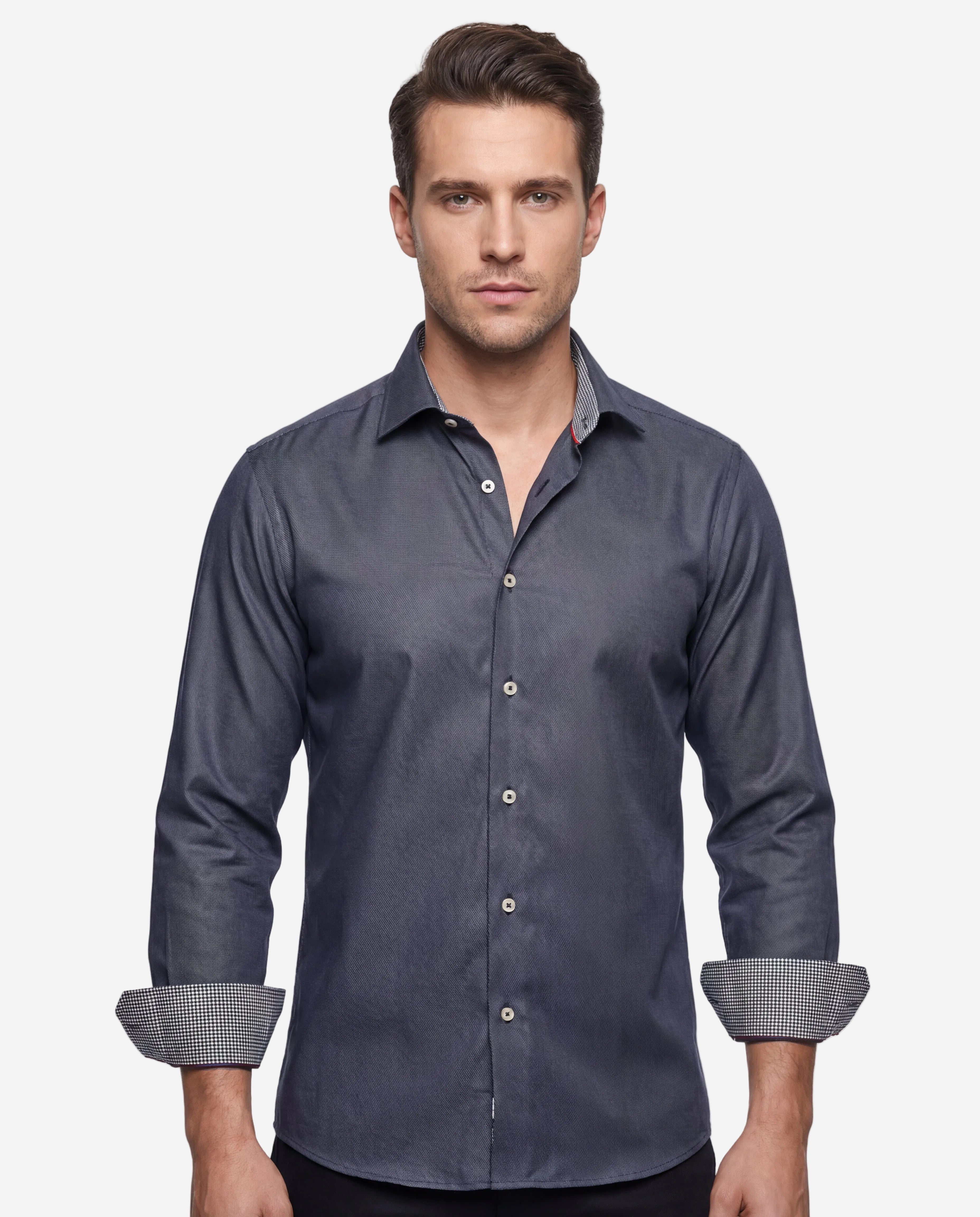 Long Sleeve Shirt with Contract Trimming and Dual Cuffs | Contemporary Fit