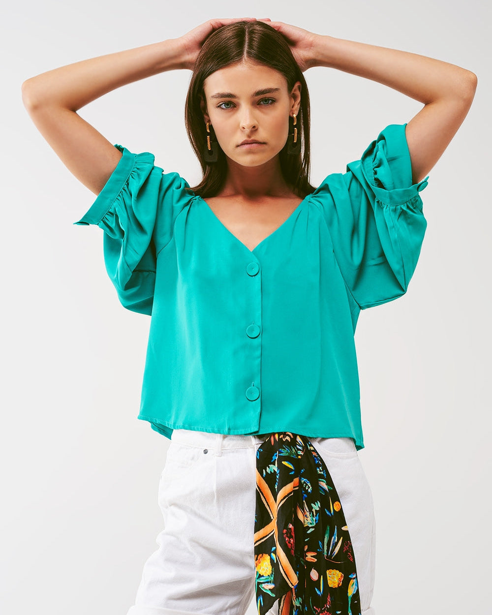 Cropped Button Through Shirt in Green