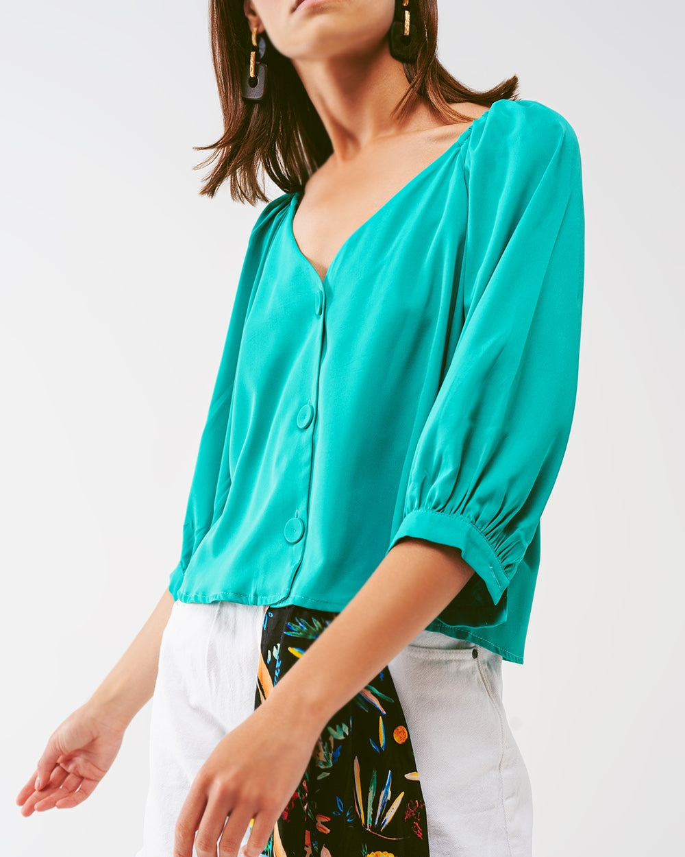 Cropped Button Through Shirt in Green