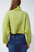 Cropped Chunky Knit Sweater with Turtle Neck in Green