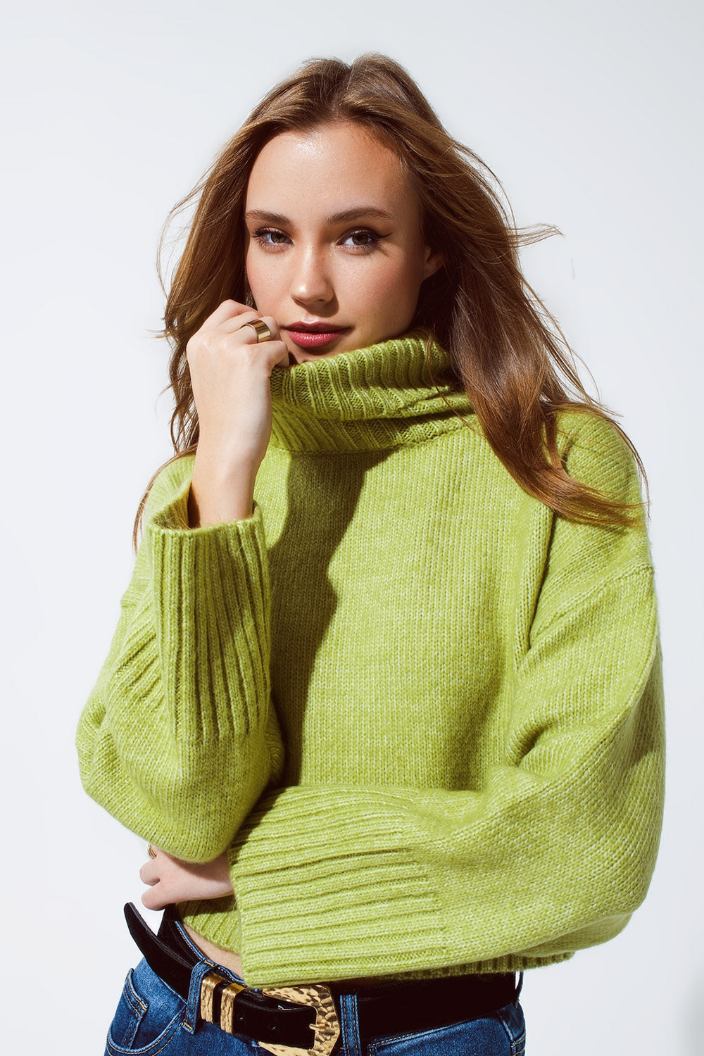 Cropped Chunky Knit Sweater with Turtle Neck in Green