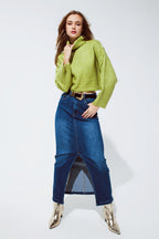 Cropped Chunky Knit Sweater with Turtle Neck in Green