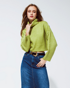 Cropped Chunky Knit Sweater with Turtle Neck in Green