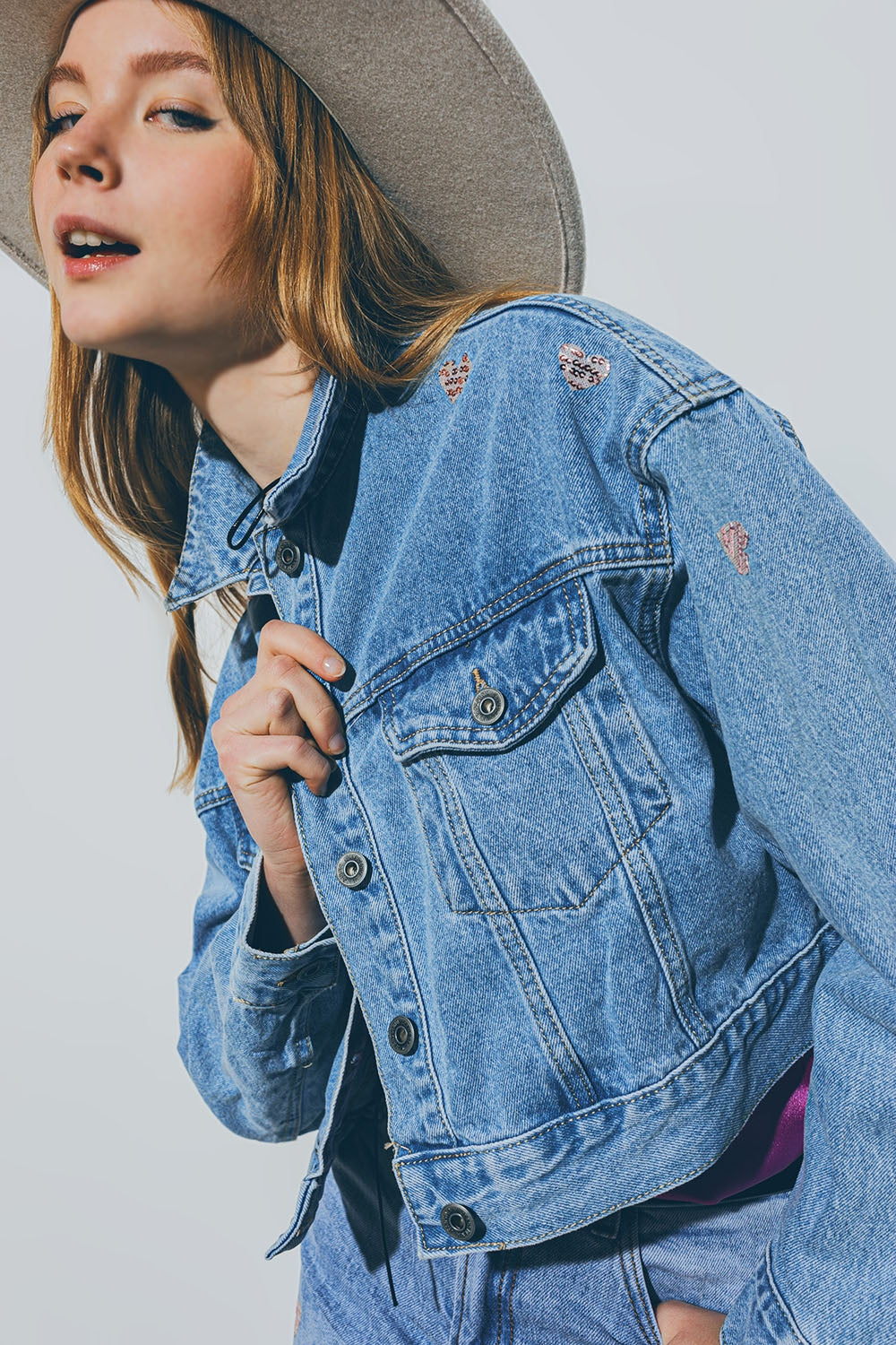Cropped Denim Jacket with Embellished Hearts in Mid Wash