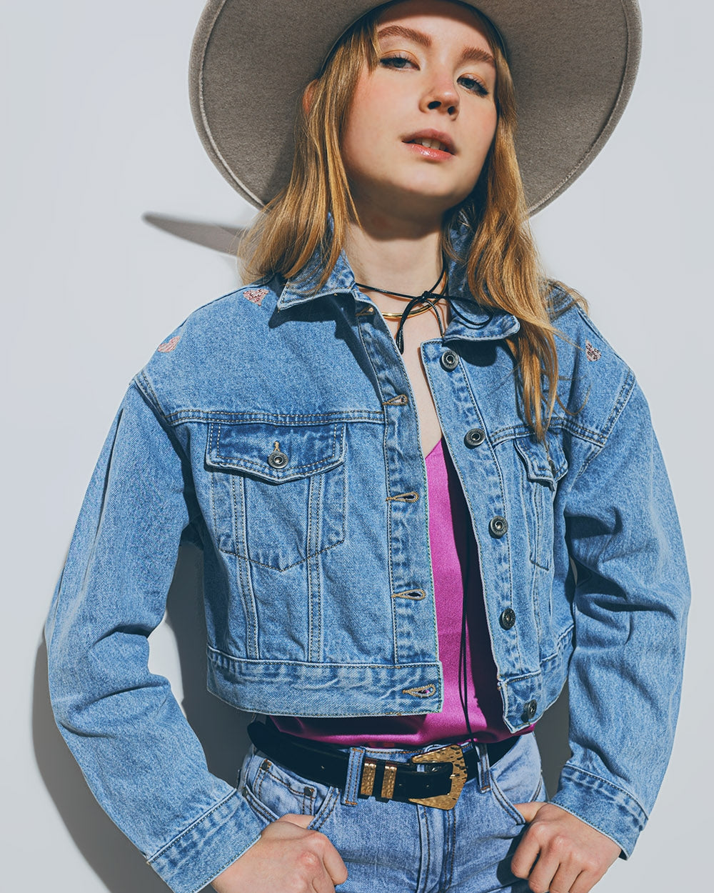 Cropped Denim Jacket with Embellished Hearts in Mid Wash