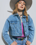 Cropped Denim Jacket with Embellished Hearts in Mid Wash