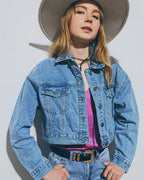 Cropped Denim Jacket with Embellished Hearts in Mid Wash