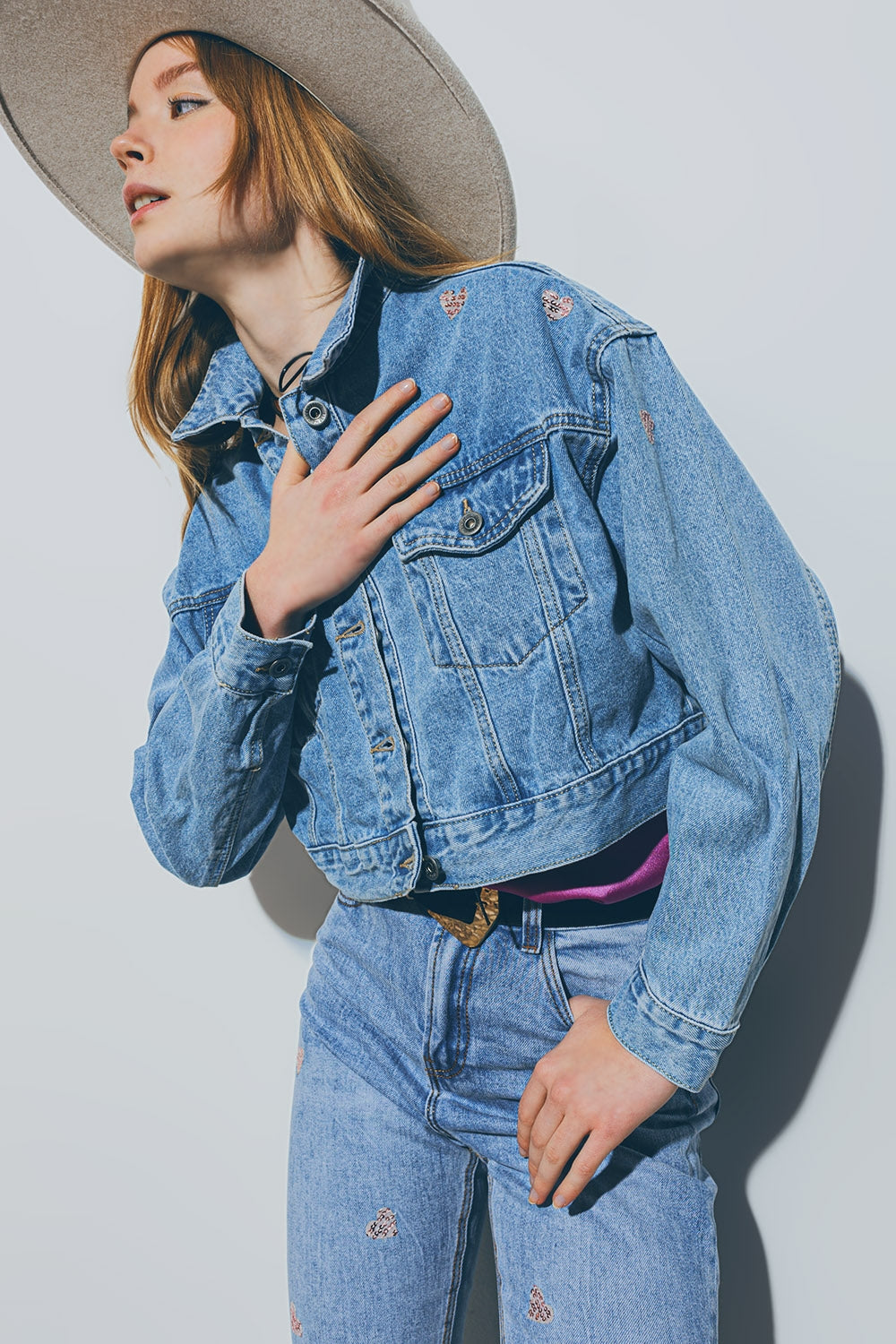 Cropped Denim Jacket with Embellished Hearts in Mid Wash