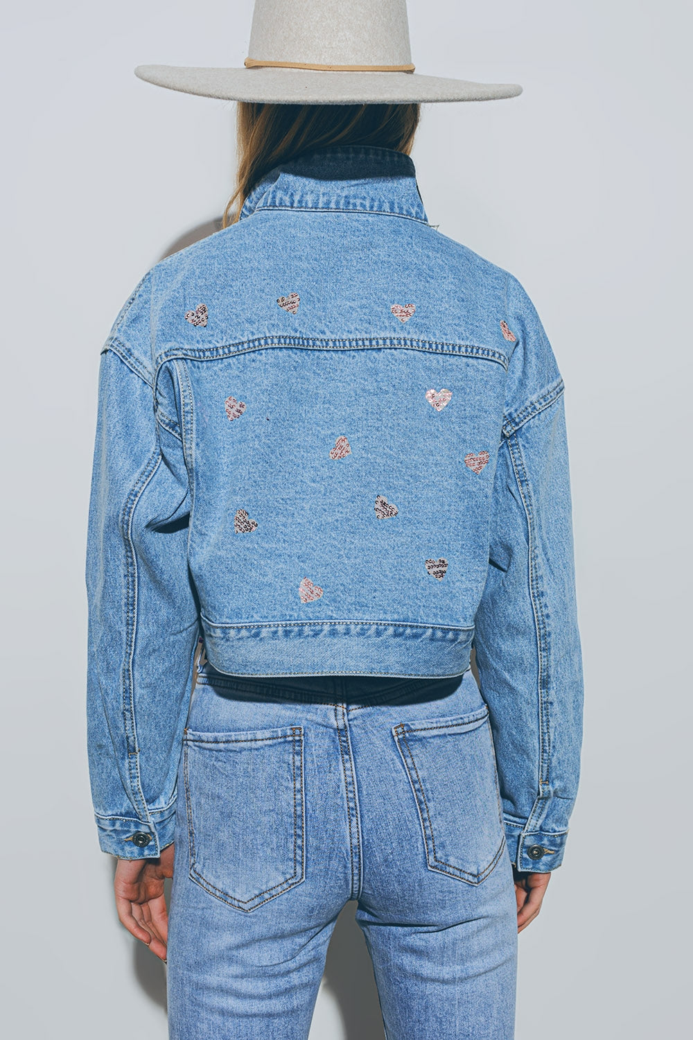 Cropped Denim Jacket with Embellished Hearts in Mid Wash
