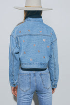 Cropped Denim Jacket with Embellished Hearts in Mid Wash
