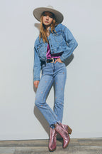 Cropped Denim Jacket with Embellished Hearts in Mid Wash